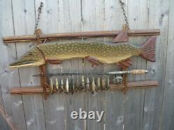 Hand-Made Folk Art Pike Sign with Old Rod/Reel and Glass Eyed Wooden Pikies