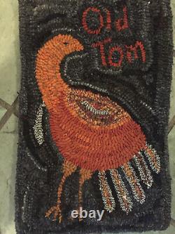 Hand Made Primitive Style Hooked Rug Turkey Thanksgiving Old Tom Rusty Oranges