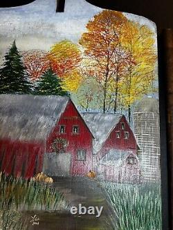 Hand Painted Large Antique Wood Breadboard Detachable Handle Old Barn Fall Scene