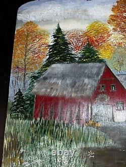 Hand Painted Large Antique Wood Breadboard Detachable Handle Old Barn Fall Scene