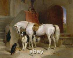 Hand-painted Old Master-Art Antique Animal Oil Painting horse Dog on canvas