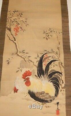Huge Old Chinese Original Watercolor Roosters Scroll Painting Signed