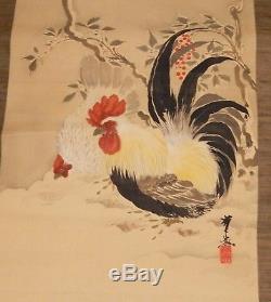 Huge Old Chinese Original Watercolor Roosters Scroll Painting Signed