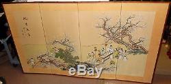 Huge Old Chinese People Blossoms Watercolor Silk 4 Panel Screen Painting Signed
