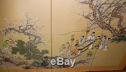 Huge Old Chinese People Blossoms Watercolor Silk 4 Panel Screen Painting Signed