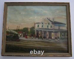 Incredible Folk Painting Antique Old Train Station Signed Whimsical Masterful