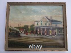 Incredible Folk Painting Antique Old Train Station Signed Whimsical Masterful