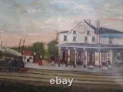 Incredible Folk Painting Antique Old Train Station Signed Whimsical Masterful