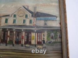 Incredible Folk Painting Antique Old Train Station Signed Whimsical Masterful