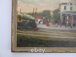 Incredible Folk Painting Antique Old Train Station Signed Whimsical Masterful