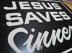 JESUS SAVES SINNERS Antique Tin Metal Religious Church Advertising Sign B&W