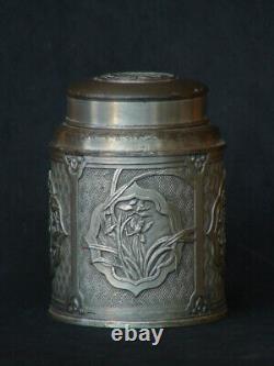 Japanese Chinese Old Antique Tin Pewter Tea Caddy Ginger Jar Signed 4 flowers