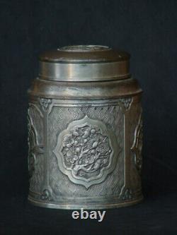 Japanese Chinese Old Antique Tin Pewter Tea Caddy Ginger Jar Signed 4 flowers