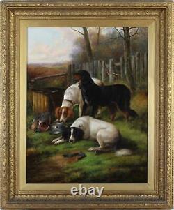 John Morris Large Fine Antique Old Master Oil Painting Pair Hunting Sport Dogs