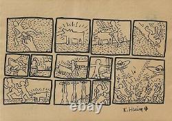 Keith Haring handmade drawing on old paper signed & stamped (8.3 x 11.7 inch)