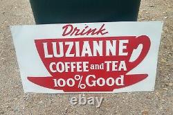 LUZIANNE Coffee and Tea Sign, Old Antique Original Advertising Embossed Metal