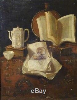 Large 17th Century Dutch Old Maser Still Life Antique Books Pocket Watch Teapot