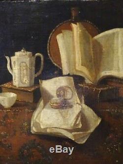 Large 17th Century Dutch Old Maser Still Life Antique Books Pocket Watch Teapot