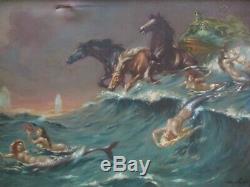 Large Antique Painting Horse Swimming Mermaid Art Deco Iconic Nautical Nudes Old