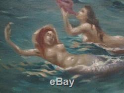 Large Antique Painting Horse Swimming Mermaid Art Deco Iconic Nautical Nudes Old