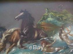 Large Antique Painting Horse Swimming Mermaid Art Deco Iconic Nautical Nudes Old