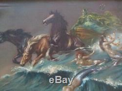 Large Antique Painting Horse Swimming Mermaid Art Deco Iconic Nautical Nudes Old