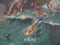 Large Antique Painting Horse Swimming Mermaid Art Deco Iconic Nautical Nudes Old