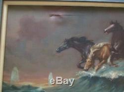 Large Antique Painting Horse Swimming Mermaid Art Deco Iconic Nautical Nudes Old