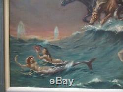 Large Antique Painting Horse Swimming Mermaid Art Deco Iconic Nautical Nudes Old