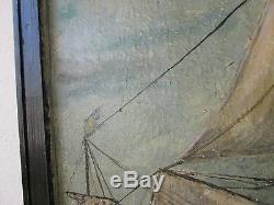 Large OLD antique VASA ship OIL painting seascape sails boat signed, framed ART