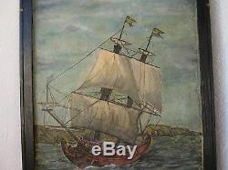 Large OLD antique VASA ship OIL painting seascape sails boat signed, framed ART