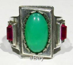 Large Old Antique Estate Signed 925 Silver Ruby Jadeite Nephrite Mans Ring 10