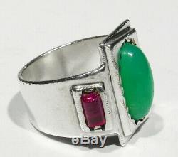 Large Old Antique Estate Signed 925 Silver Ruby Jadeite Nephrite Mans Ring 10