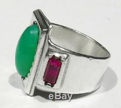 Large Old Antique Estate Signed 925 Silver Ruby Jadeite Nephrite Mans Ring 10