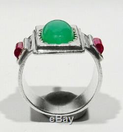 Large Old Antique Estate Signed 925 Silver Ruby Jadeite Nephrite Mans Ring 10