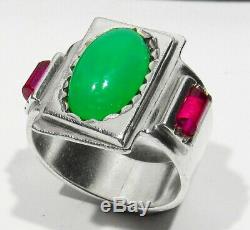 Large Old Antique Estate Signed 925 Silver Ruby Jadeite Nephrite Mans Ring 10