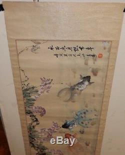 Large Old Chinese Original Watercolor Koi Fish Painting Signed