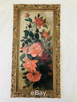 Large Old Vintage Oil Painting Still Life, Flowers, Ornate Gold Guilt Frame