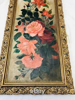 Large Old Vintage Oil Painting Still Life, Flowers, Ornate Gold Guilt Frame