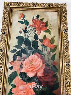 Large Old Vintage Oil Painting Still Life, Flowers, Ornate Gold Guilt Frame