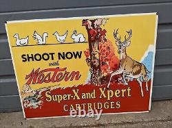Large Old Vintage Western Porcelain Metal Advertising Sign Hunting Gun Hunt