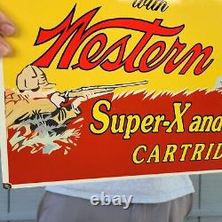 Large Old Vintage Western Porcelain Metal Advertising Sign Hunting Gun Hunt