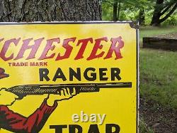 Large Old Vintage Winchester Porcelain Metal Advertising Sign Hunting Gun Hunt