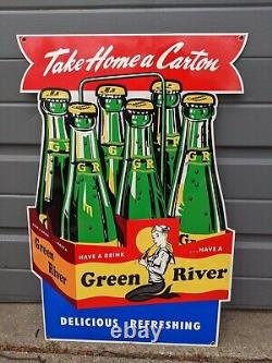 Large Vintage Old Green River Soda Porcelain Heavy Metal Gasoline Station Sign