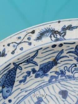 Large old Vintage Asian Antique Chinese blue & white fish Porcelain bowl signed