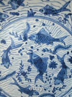 Large old Vintage Asian Antique Chinese blue & white fish Porcelain bowl signed