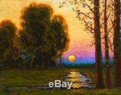 MAX COLE original oil painting landscape signed old vintage antique canvas Sun