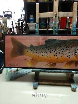 Native trout fish art / old wood /signed by artist Bryce Lund / wild trout