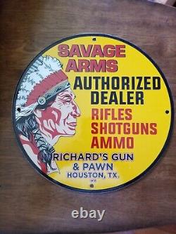 New Old Stock Richard's Pawn & Gun Savage Arms 1972 Porcelain Sign 12 Diameter