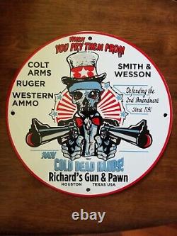 New Old Stock Richard's Pawn & Gun -colt- Vintage Porcelain Sign 12 Diameter